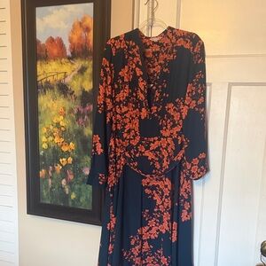 Nanette Lepore Navy and Orange Floral Long Sleeve Dress